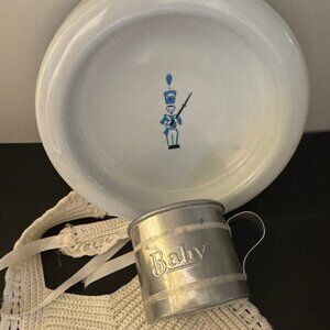 Swedish Enamel Baby/Child Dish, Vintage Aluminum Baby cup, Vintage Bib